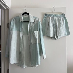 OVERSIZE BUTTON DOWN & SHORTS SET / MINT GREEN STRIPE / SIZE SMALL